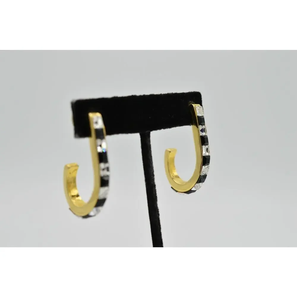 Vintage Crystal Earrings Gold Black Clear Square Rhinestone Gold Tone 1980s 9L